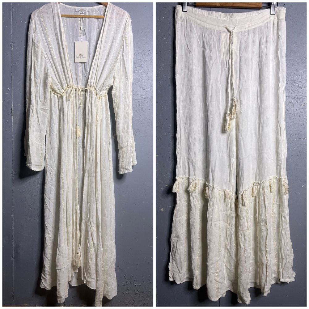 Boho White Maxi Swim Cover-Up Dress with Wide Pants